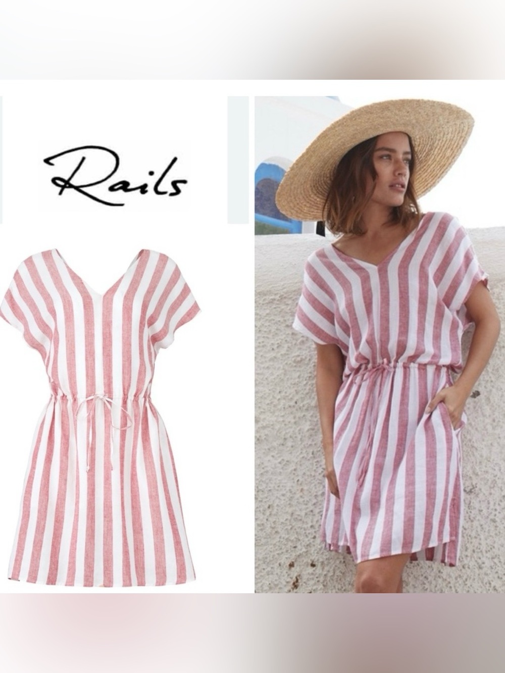 NWT Rails Red & White Stripe Dress ~ Linen Relaxed Fit Short Sleeve ~ Beach ~ M